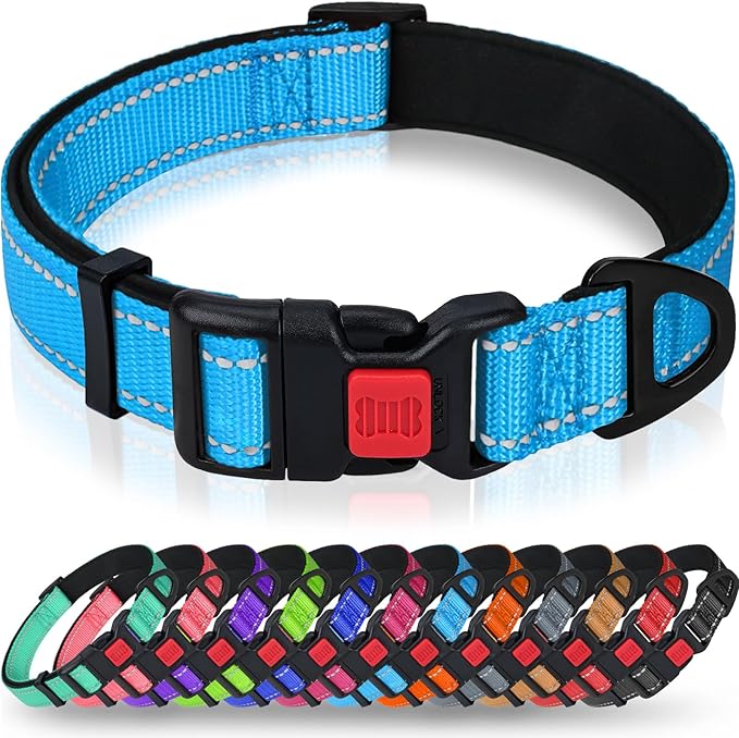 Taglory Reflective Dog Collar for Medium Dogs, Soft Neoprene Padded with Escape-Proof Locking Buckle, Upgraded Zinc Alloy Ring, Adjustable for Walking Female Male, SkyBlue,M