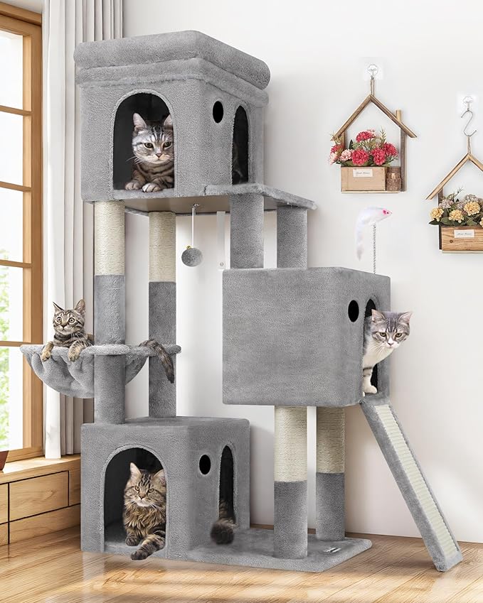 Globlazer Heavy Duty Cat Tree for Indoor Cats Large Adult, F52B, Light Grey | 3 Condos, Extra-Large Baseboard, Removable Top Perch, 4 Sisal Posts & Board, Hanging Basket, Anti-Topple Strap, Easy Setup