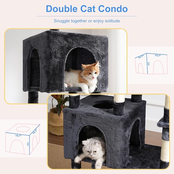 Heybly Cat Tree, 76-Inch Tall Heavy Duty Cat Tower for Big Cats with Extra Wide Baseboard, Multi-Level Large Cat Furniture with 2 Condos & 2 Hammocks, 10 Scratching Posts, Smoky Gray HCT039G