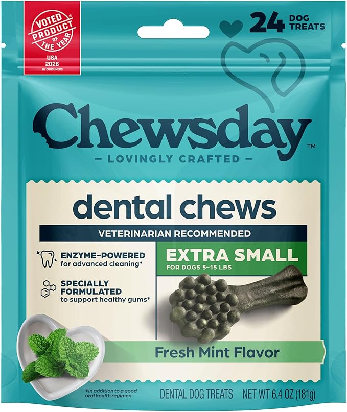Chewsday Fresh Mint Flavor Dental Chews, Extra Small Dog Treats, Healthier Teeth and Fresher Breath, Enzyme Powered for Advanced Cleaning, Made in the USA, 24 Count