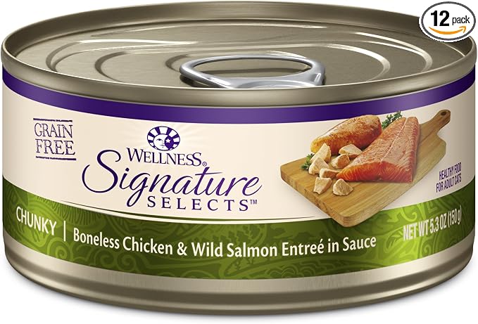 Wellness CORE Signature Selects Chunky Adult Canned Wet Cat Food, Natural, Protein Rich, Grain Free, Chicken and Wild Salmon Entrée Recipe, 5.3 oz, Pack of 12 Cans