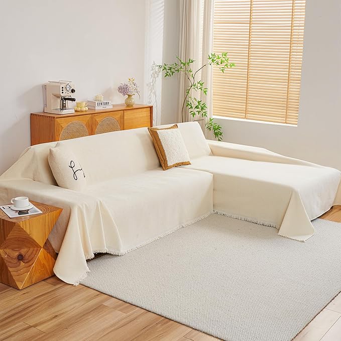 Couch Cover for Sectional Sofa, 2 PCS Sectional Couch Covers for L Shape Sofa Cover, Furniture Blanket for Pets, L Shaped Couch Cover, Sofa Slipcover for 3-4 Cushion Couch (71"x118"+91"x134", Beige)
