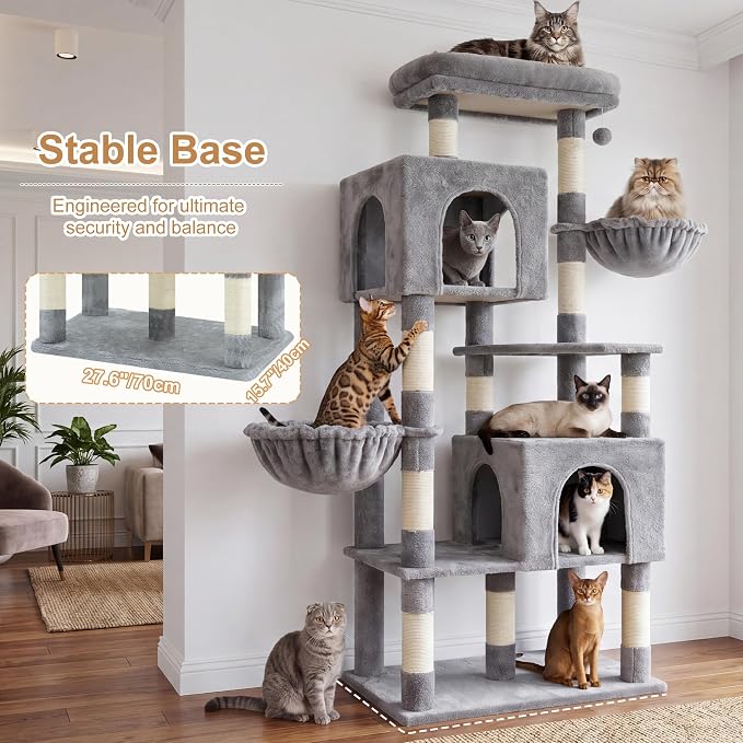Heybly 68.1" Cat Tree with Oversized Top Platform & Wide Base, Heavy Duty Cat Tower for Large Indoor Cats with 2 Condos, 2 Hammocks, 10 Sisal Scratching Posts, Stable Cat House, Light Gray HCT059W