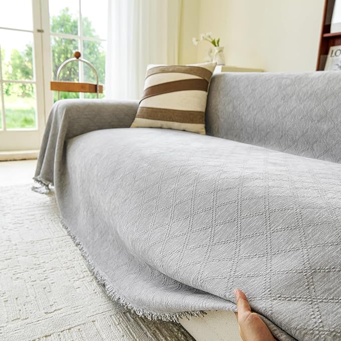VANJOROY Grey Couch Sofa Cover for 3 Cushion Sectional Sofa L-Shape -Washable Chenille Couch Cover for Dogs Pets, Boho Couch Cover Protector Soft Sofa Slipcovers with Tassel,91"x 134"