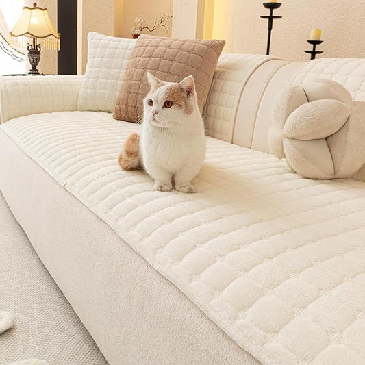 Velvet Couch Covers for Dogs, Dog Sectional Couch Covers, Pet Couchs Cover for Large Sectional, Couchs Protector for Dogs, Sectional Sofa Cover for Pet Washable(1PC,Beige White,27.6"×94.4")