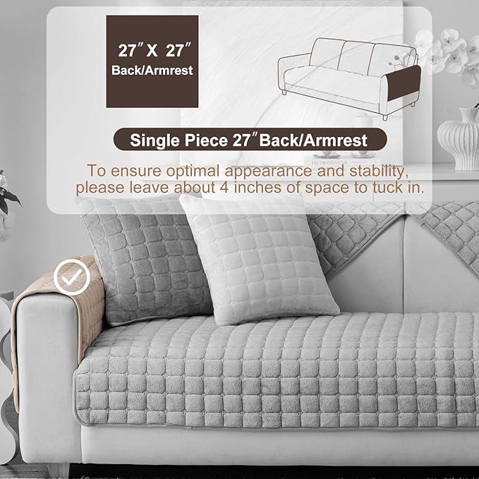Velvet Washable Couch Cover for Pets Dogs, Non Slip Sectional Sofa Covers for 3 Cushion Couch Sofa L Sharped Sofa Arm Slipcover, Furniture Protector Covers(1 PCS 27"x27" Khaki)