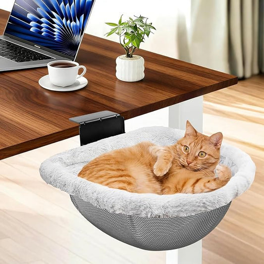 Stable Cat Desk Bed with Heavy-Duty Clamp | Sunken Hammock Design & Faux Rabbit Fur for Comfort, Removable & Washable Bed, Holds Up to 40lbs, Space Saving Cat Perch for Home Office