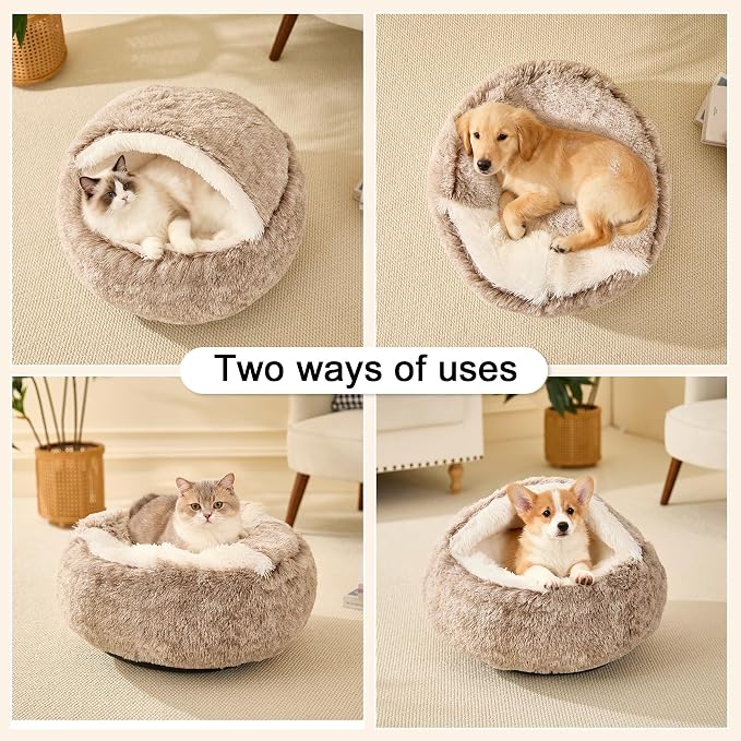 Calming Dog Beds & Cat Cave Bed with Hooded Cover,Removable Washable Round Beds for Small Medium Pets,Anti-Slip Faux Fur Fluffy Coved Bed for Improved Sleep,Fits up to 15/25 lbs(Medium,24"x24")