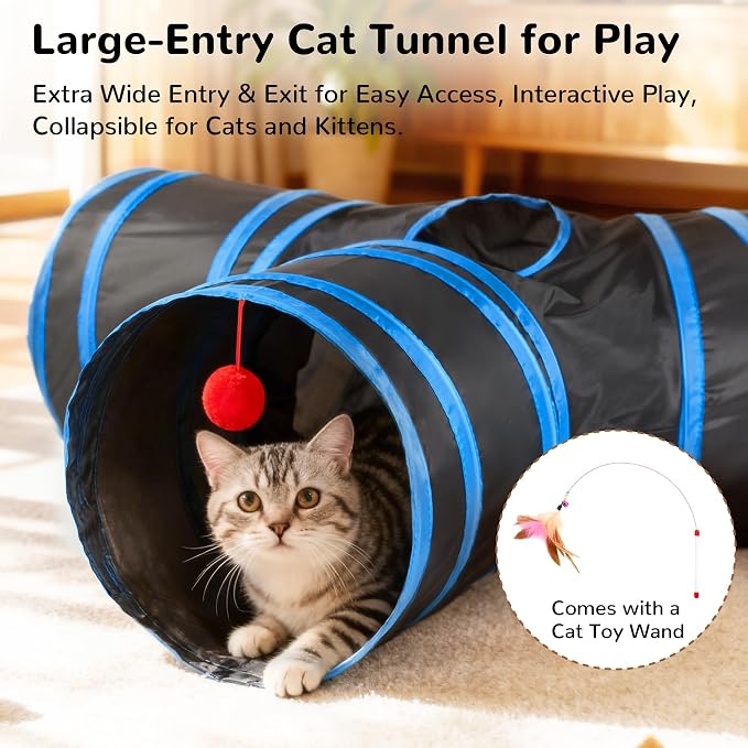 Tempcore Cat Tunnel for Indoor Cats, 3 Way Collapsible Pet Play Tunnel with Teaser Wand, Peek Holes & Hanging Ball, Interactive Tube for Kittens & Rabbits, Black & Royal Blue