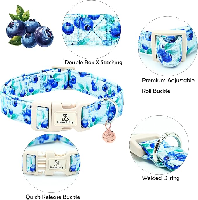 Lionheart glory Dog Collar Blueberries Print Collar for Medium Dogs Spring Summer Female or Male Collars Pets Gift Adjustable Heavy-Duty Cute Pet Collars