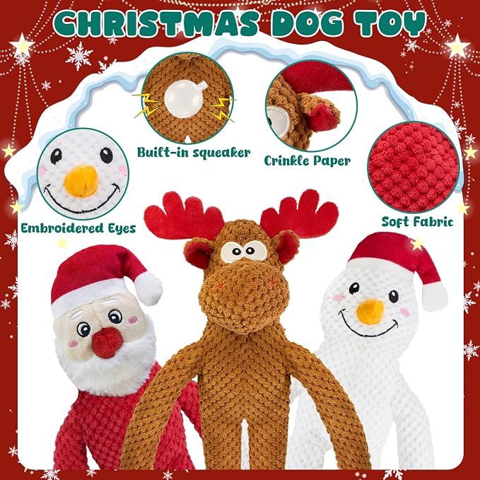 Christmas Dog Toys Squeaky 3-Pack Crinkle Sound Paper Tail | Interactive Puppy Teething Chew Toy Deer snowman santa Claus Shape no Stuffing,Keep Them Busy, Large Medium Small Breeds