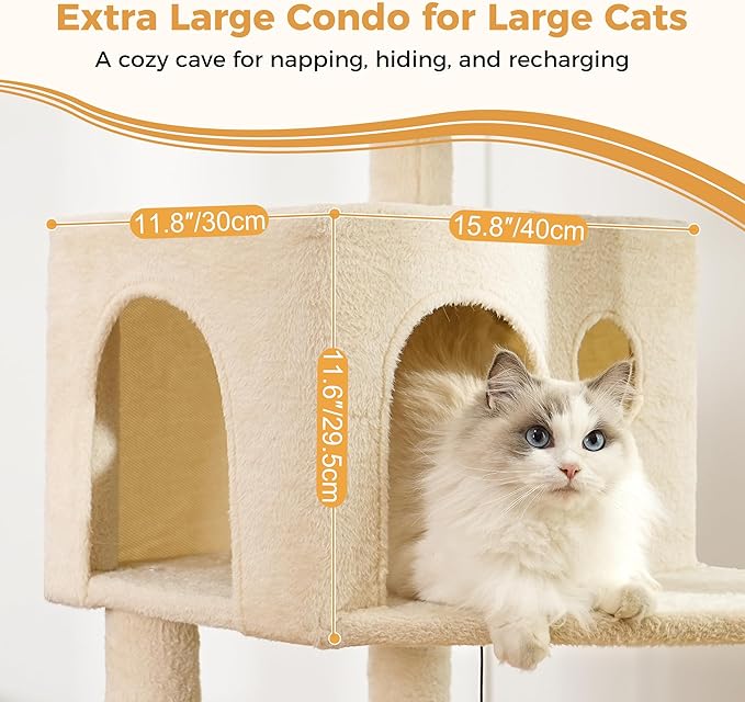 53” Cat Tree for Large Cats 20 lbs+,XL Cat Tower with Scratching Posts,Enlarge Top Bed 23.6”and 21.6”x15”Hammock, Oversized Condo House-XLarge Beige