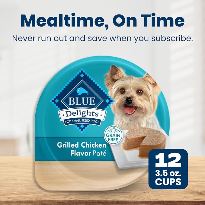 Blue Buffalo Delights Grilled Chicken Flavor Paté Natural Grain Free Wet Dog Food for Small Breed Dogs in Savory Juice with Natural Ingredients, Vitamins & Minerals, 3.5-oz. Each (12 Cups)