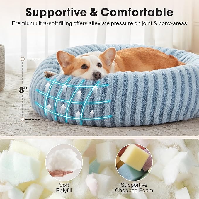 MIXJOY Dog Beds for Small Dogs, Washable Dog Bed with Removable Cover, Small Cat Bed for Indoor Cats, Calming Soft Dount Pet Beds with Anti Slip Bottom, Cute Puppy Beds, 23"x23"x8", Blue