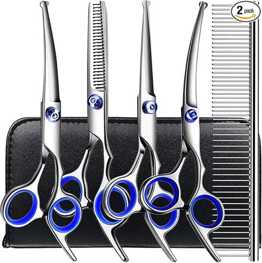 TINMARDA Dog Grooming Kit, Professional Stainless Steel Dog Grooming Scissors with Curved Shears, Blue Finger Rings - 5 Piece Sharp Durable Pet Shears for Dogs Cats At Home Salon-Quality Grooming