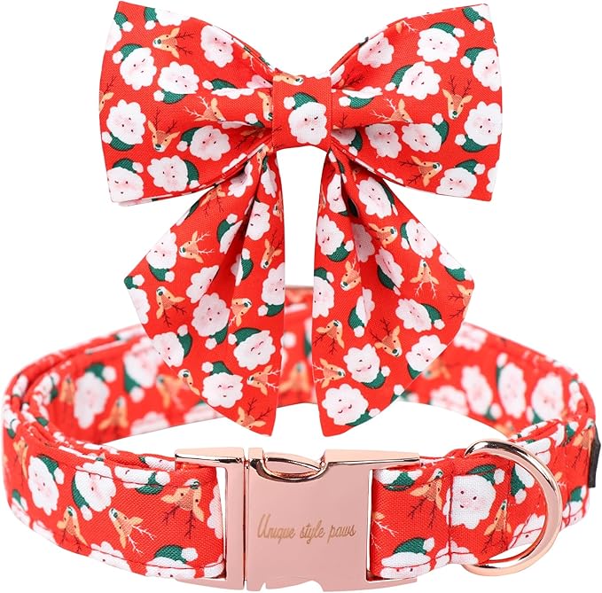 Unique Style Paws Christmas Day Dog Collar with Bowtie Christmas Man Elk Cotton Puppy Collars for Small Medium Large Dogs