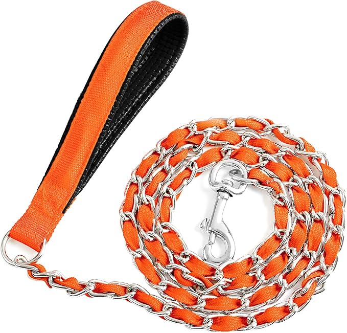 Heavy Duty Metal Dog Chain Leash with Comfortable PU Leather Padded Handle, Chew Proof for Medium Large Pooch Walking Training (6FT 3.0mm Orange)