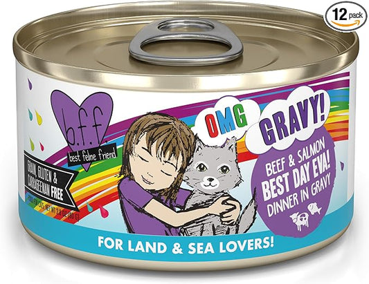 Weruva B.F.F. OMG - Best Feline Friend Oh My Gravy!, Best Day Eva! with Beef & Salmon in Gravy Cat Food, 2.8oz Can (Pack of 12)