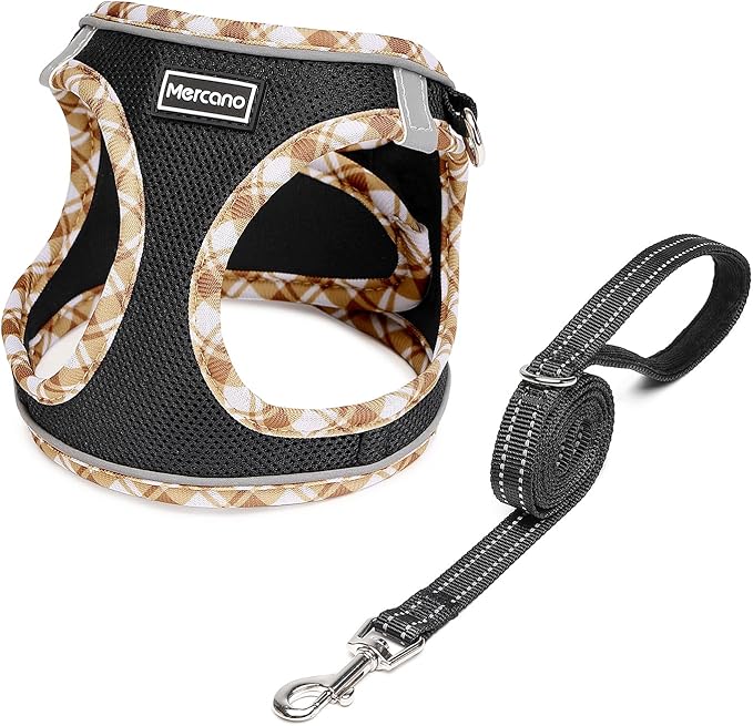 Mercano Soft Mesh Dog Harness and Leash Set, Step-in Reflective Breathable Lightweight Vest Harnesses with Safety Buckle for Small Dogs, Cats (Black Yellow, XL)