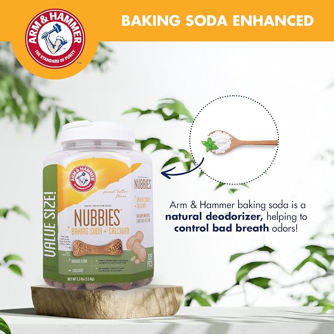Arm & Hammer for Pets Nubbies Dental Treats Value Size Baking Soda Calcium Helps Scrub Plaque Tartar Peanut Butter Flavor Daily Oral Care 139 Count 52.8 OZ Value Bucket Dogs and Puppies Daily