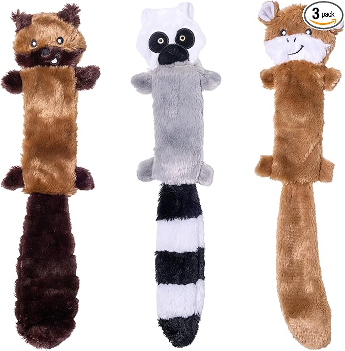 ZippyPaws Skinny Peltz - No Stuffing Dog Toy Pack to Keep Them Busy, for Medium and Large Dogs, Squeaky Pet Toys, Unstuffed Chew Toys, Soft Plush Variety Pack, Chipmunk, Lemur, and Monkey - 18"
