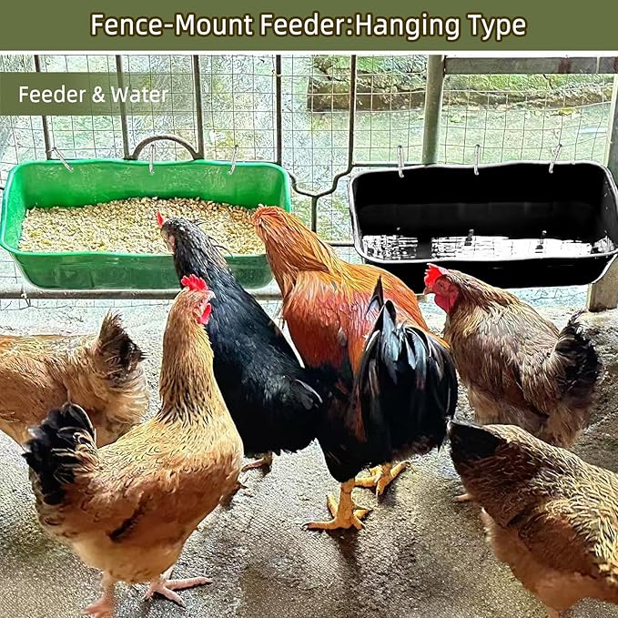 Hanging Goat Feeders,Chicken Feeder Waterer,Large Feed Trough 7.5 Quart 6 Pack,Hanging Fence Feed Trough for Poultry Livestock,Green