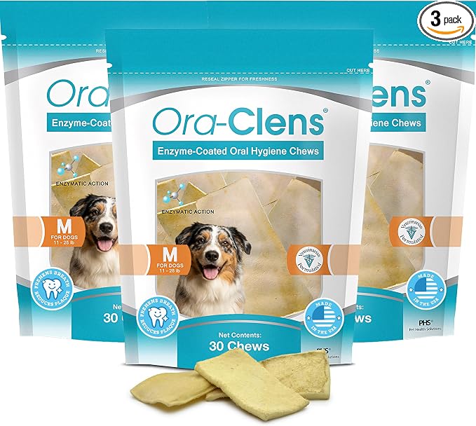 Oral Hygiene Chews for Medium Dogs – Enzymatic Dental Treats for Daily Oral Care, Helps Clean Teeth & Freshen Breath, Supports Plaque & Tartar Control – 30 Chews (3 Pack)