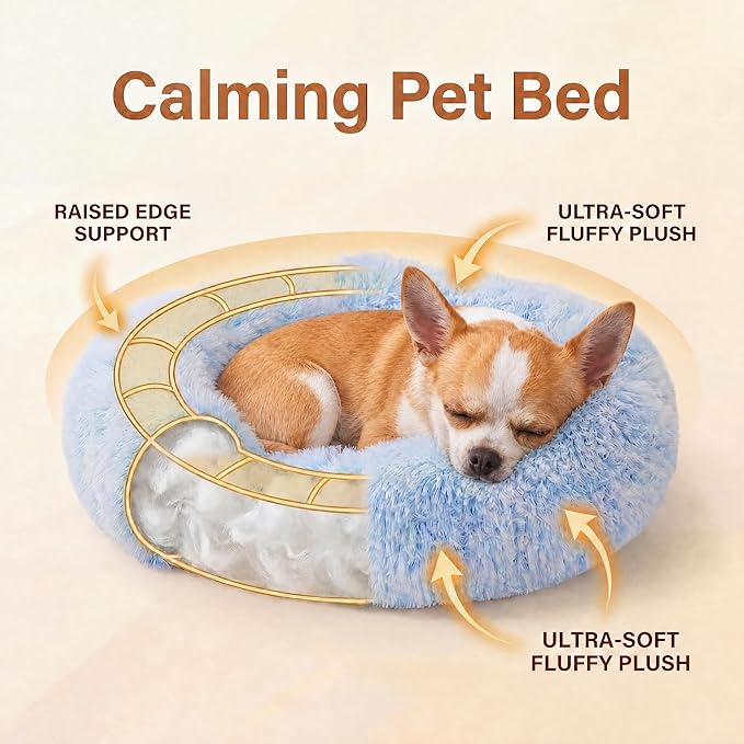 Tiny Dog Bed 15 Inch for Extra Small Dogs,Washable Puppy Bed,Soft Faux Fur Calming Donut Bed for Chihuahua Yorkie Maltese Pomeranian,Blue and White