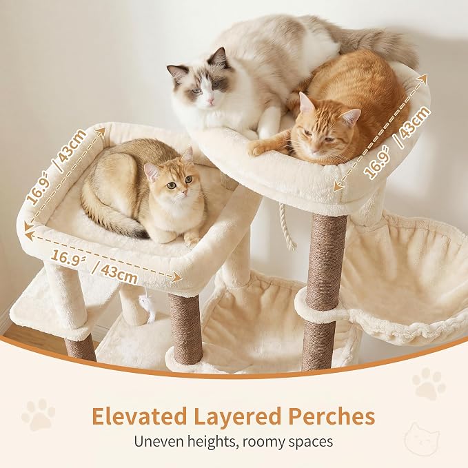 Heybly Cat Tree, 69.7 inches Secure Anti-Tip Cat Tower for Large Cats, Expansive Cat Furniture with Dual-Tier Cat Condo Villa, 2 Top Perches, Hammock & Full Sisal Scratching Posts Beige HCT065MJ
