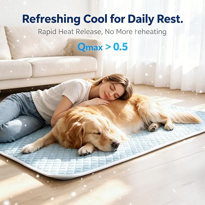 Dog Cooling Mat Q-Max>0.5 Self Cooling Crate Pad for Bed, Floor, Car Travel Indoor Outdoor Summer Use Breathable Portable Washable Pet Cooling Mat with Arc-Chill Fabric Light Blue 36" x 24"
