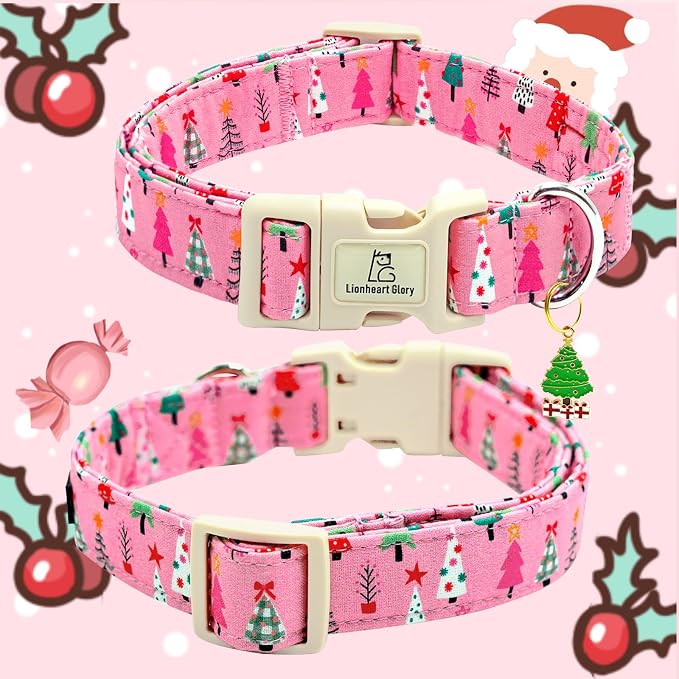 Lionheart glory Christmas Dog Collar, Pink Christmas Tree Dogs Collar Adjustable Soft Comfortable Collars for Large Dogs Girl or Boy Pet Gift Fall Cute Collar