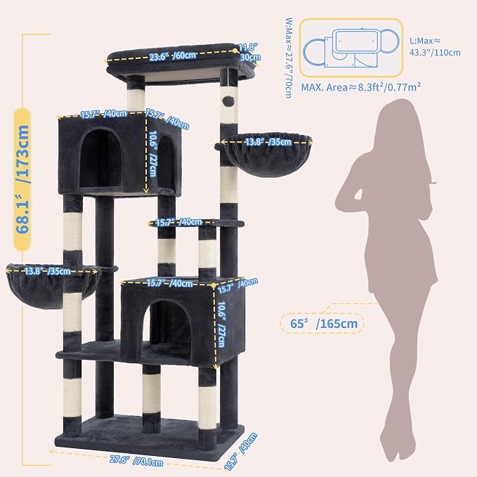 Heybly 68.1" Cat Tree with Oversized Top Platform & Wide Base, Heavy Duty Cat Tower for Large Indoor Cats with 2 Condos, 2 Hammocks, 10 Sisal Scratching Posts, Stable Cat House, Smoky Gray HCT059G
