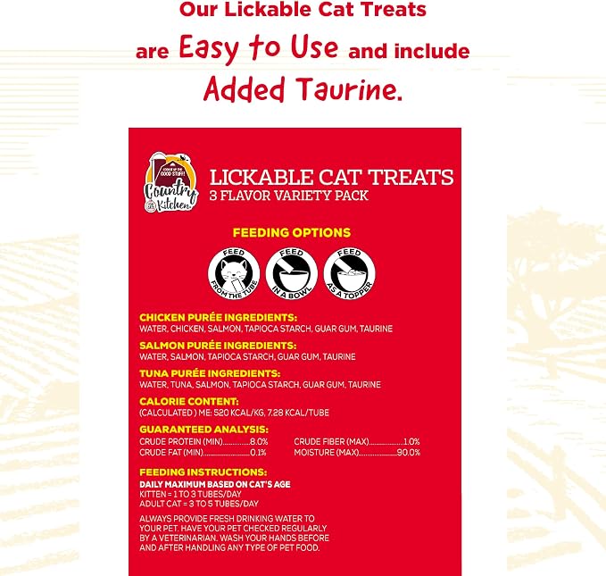 Country Kitchen Puree Lickable Cat Treats, 3 Flavor Variety Pack, Tuna, Salmon and Chicken, Made with Real Meat, 5 oz Tubes, 20 Count