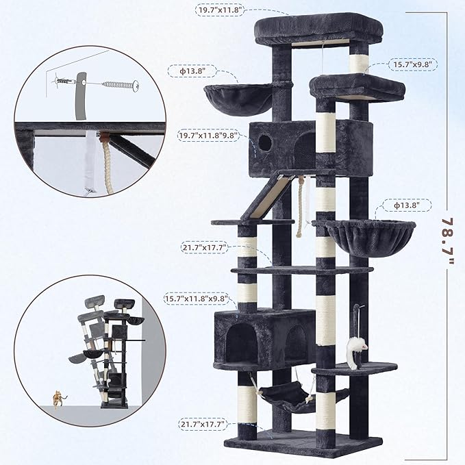 Gitelsnour Cat Tree for Large Cats, 78.7"(200cm) Tall Cat Tower for Indoor Cats Multiple Cats with Large Top Perch, Cat Condo, Cat Hammcok, Cat Scratching Post, Dark Gray GCT031G