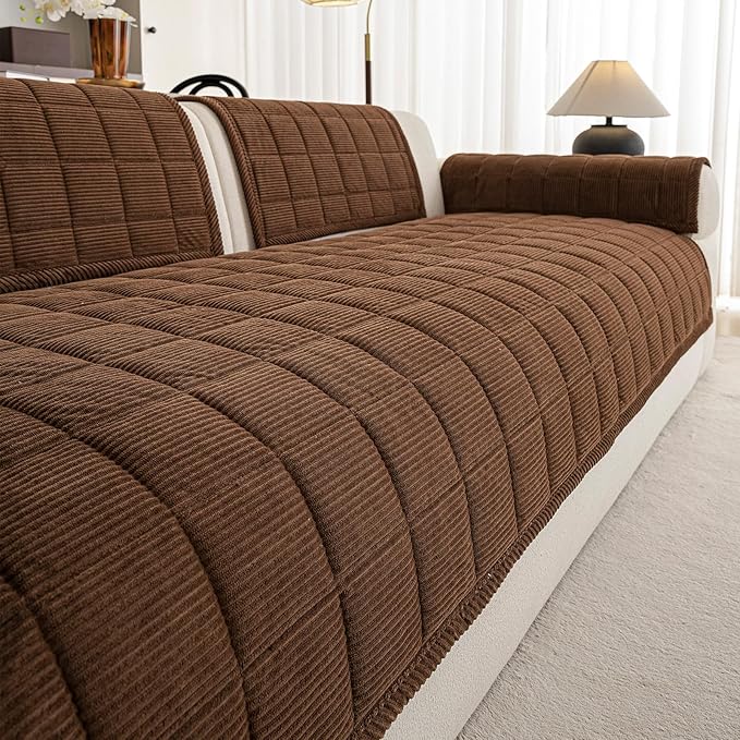 Velvet Couch Covers for Sectional Sofa Washable, Non-Slip L Shaped Sectional Couch Cover, Soft Pet Couch Covers for Sofa, Furniture Slipcovers for Loveseat(1PC,35"x63",Dark Brown)