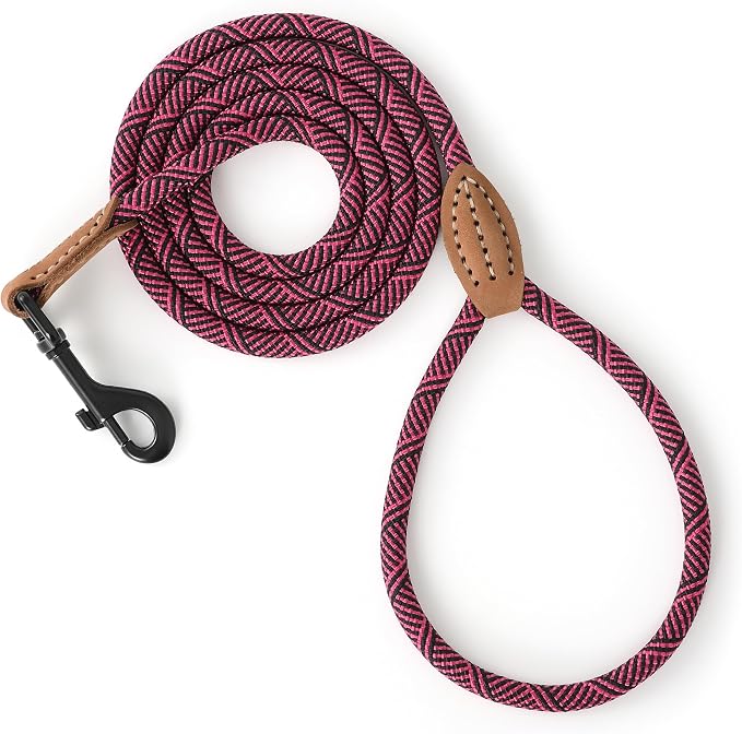 Mile High Life Small Dog Leash, Thin Rope Leash with Genuine Leather Connection and Heavy Duty Metal Clasp, Great for Small Medium Dogs(Pink,60 Inch-1/3)