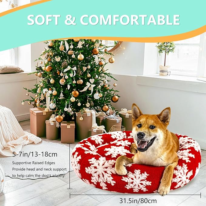 31 Inch Christmas Snowflakes Calming Dog Bed for Medium Dogs, Round Anti-Anxiety Warm Bed, Soft Cozy Anti-Slip Donut Washable Pet Bed, Fits up to 50 lbs Pets