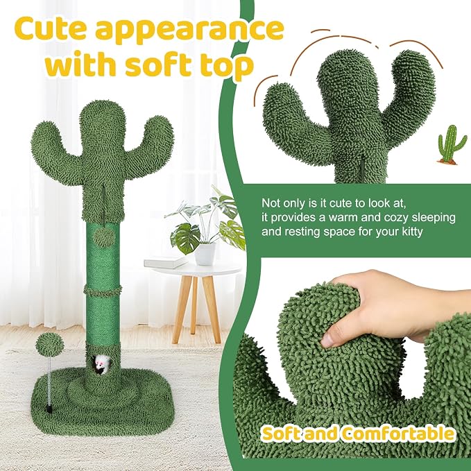 Tall Cat Scratching Post for Indoor Cats Adults, Cat Scratch Post with Sisal Rope Claw Scratcher, Solid Wood Cat Tower with Scratching Post and Cat Toys Mouse Hole,Cactus Small Cat Tree(Green Cactus)
