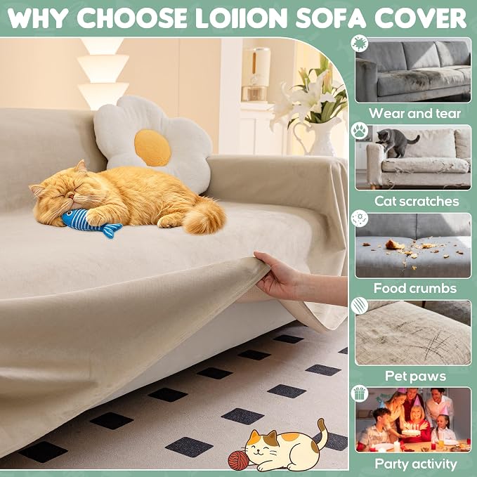 Loiion Cat Scratch Furniture Protector - Ultra Soft, Waterproof Sofa Cover to Keep Cats Off, Pet-Friendly Couch Protectors for Love Seat, Anti-Slip Couch Cover for Pets and Kids 118"X71" Almond