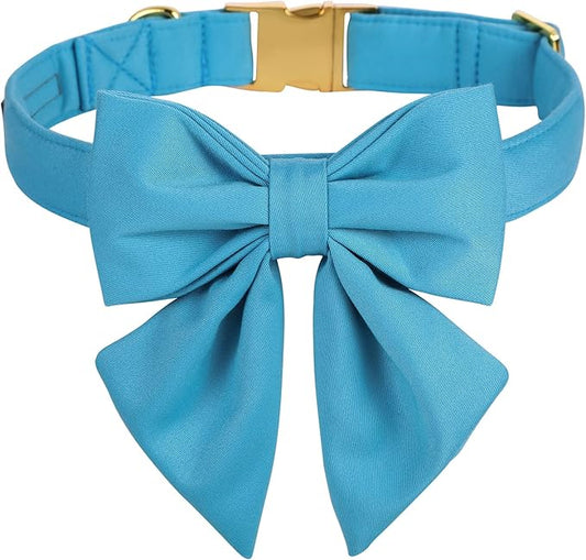 Maca Bates Sky Blue Dog Collar with Cute Solid Sailor Bow Tie for Extra Small Girl Boy Dogs,Adjustbale Durable Breakaway Soft Collars with Bowtie for Female Male Puppy,Pet with Metal Buckle