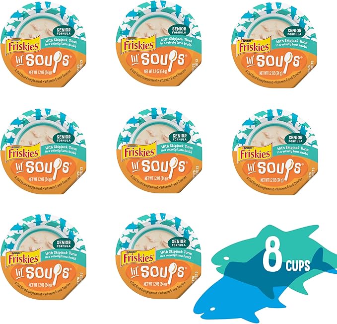 Purina Friskies Grain Free Senior Lickable Cat Food Toppers Lil’ Soups with Skipjack Tuna in a Velvety Tuna Broth - (Pack of 8) 1.2 oz. Cup