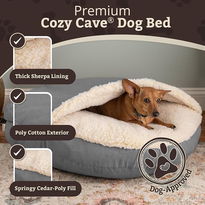 Snoozer Cozy Cave Dog Bed - Indoor Dog Bed with Cover Cave, Covered Calming Burrow for Small Sized Pets with Blanket Attached, Enclosed, Removable Washable Cover - Small, Heather Gray