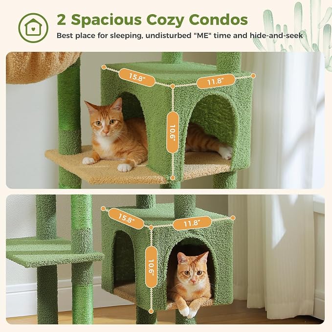 69” Tall Cat Tree for Indoor Cats Large Adult, Multi-Level Cat Tower with Scratching Post, Dual Top Perches, Big Hammock & 2 Spacious Condos, Cat Furniture for Multi-Cat Households, Green