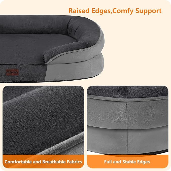 Dwanton Orthopedic Dog Bed for Large Dogs with Gel Memory Foam, Waterproof Dog Sofa, Washable Pet Bed with Four Sided Bolster Cushion, Removable Cover & Non-Slip Bottom, 42", Dark Grey