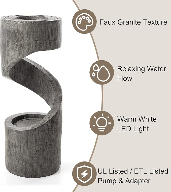Glitzhome Outdoor Water Fountain with LED Light, Spiral Outdoor Fountain Waterfall with Stone Planter, Modern Curved Freestanding Fountain Water Feature for Garden Patio Backyard, 31.3" H