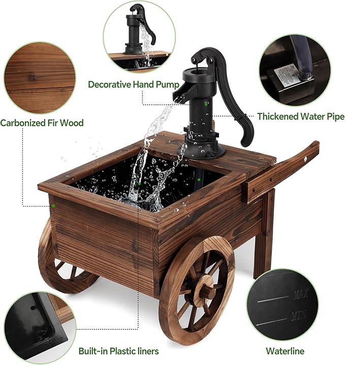 OIPRTGFJ Outdoor Water Fountain,Cute Floor Wooden Wagon Pump Old-Fashioned Fountain with Flower Box,Electric Decorative Hand Pump, Outdoor Water Feature for Garden Patio Backyard(Electric Wagon Pump)