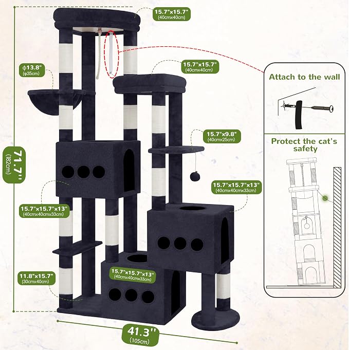 Gitelsnour Sturdy Cat Tree with 3 Large Cat Condos, 3 Platfroms, 71.7'' Cat Tree Tower for Indoor Cats Large Adult, Heavy Duty Cat Tower with 10 Scratching Posts for 20 lbs+Cats, Drak Gray GCT036G