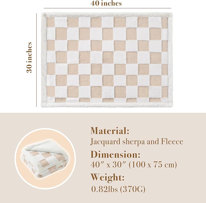 Ohocut Checkered Dog Blanket, Beige Khaki Jacquard Sherpa Blankets for Small Dog and Cats, Cute Aesthetic Style Fluffy Fleece Pets Blanket for Couch Protection Washable, 30"x40"