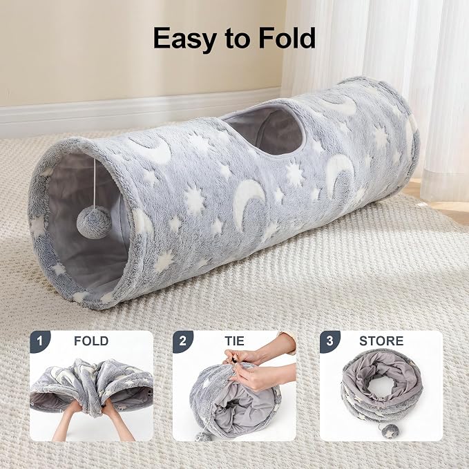 PAWISE Cat Tunnel for Indoor Cats, Glow in Dark Cat Tunnels with Cube Pop-Up, 3-Way Collapsible Cat Play Tunnel Toy for Cats Kittens Rabbits, with Hanging Ball & Bell