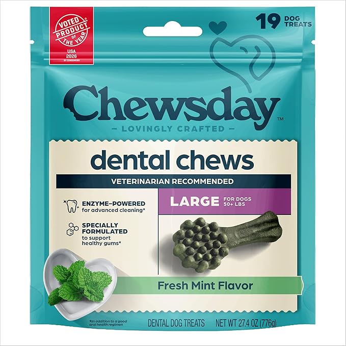 Chewsday Fresh Mint Flavor Dental Chews, Large Dog Treats, Healthier Teeth and Fresher Breath, Enzyme Powered for Advanced Cleaning, Made in the USA, 19 Count